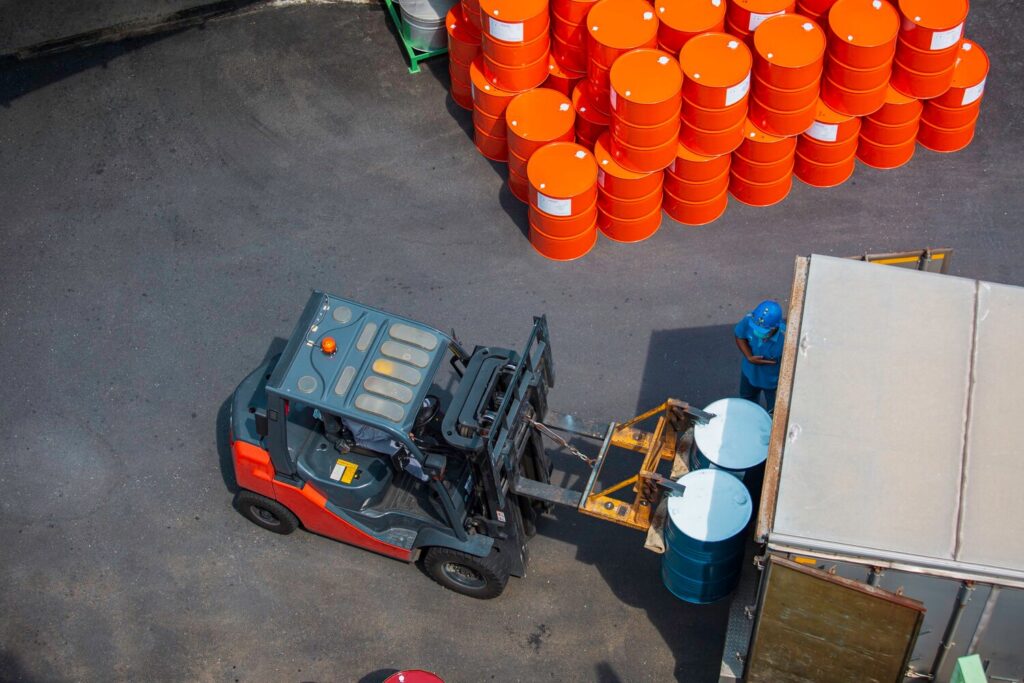 Top view oil barrels forklift truck move transportation truck 478515 3987